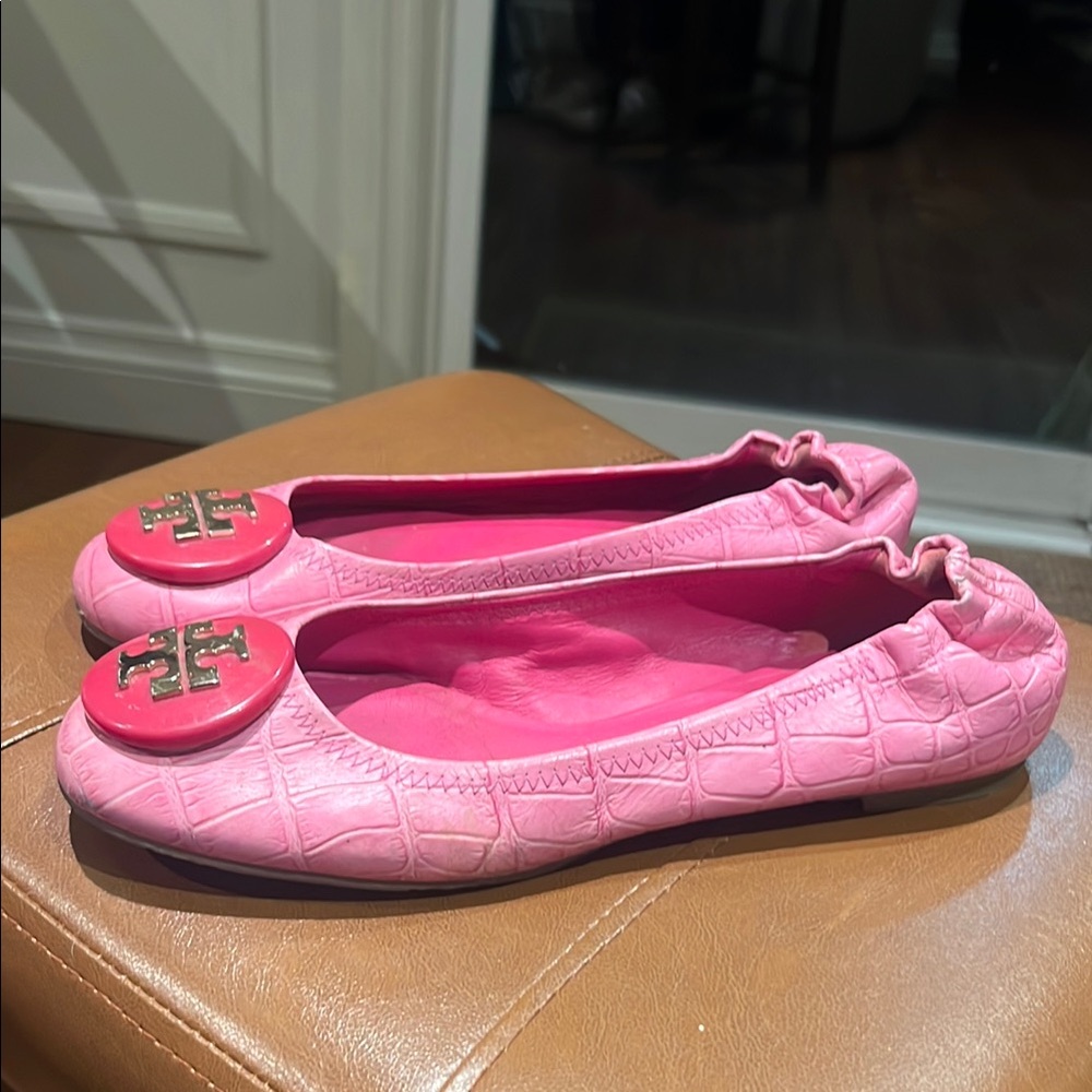 Tory Burch Pink Croc-Embossed Reva Ballet Flats with Logo Medallion
